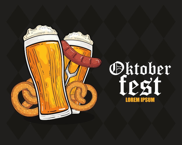 Beer glasses pretzels and sausage on fork design, Oktoberfest germany festival and celebration theme