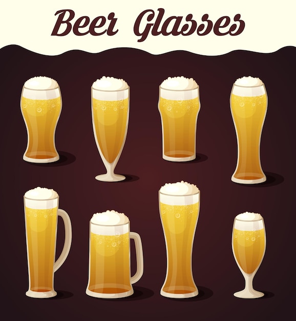 Beer glasses set. Beer glass isolated collection. Realistic Vector Glasses of Beer