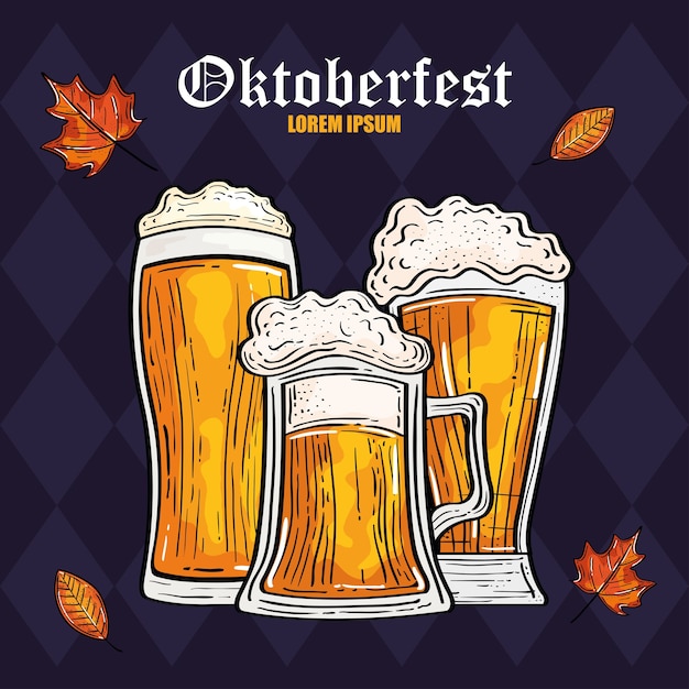 Beer glasses with leaves design, oktoberfest germany festival and celebration theme