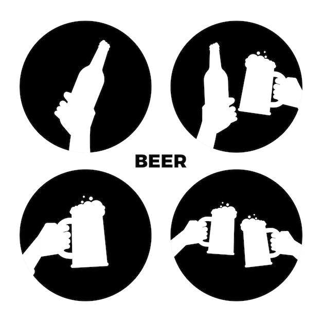 beer icons of set. Black and white beer in hands silhouettes isolated illustration monochrome