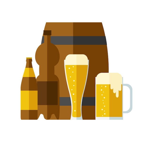 ベクトル ボトル、マグカップ、グラスに入ったビール。フラットなデザイン。ベクトル イラスト。