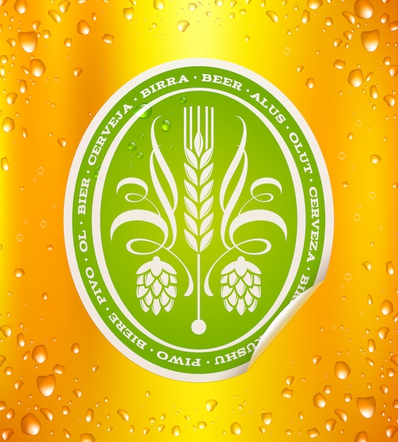 Vector beer label on beer background with drops