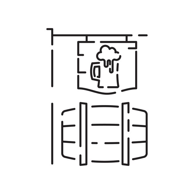 ビールラインアイコン (Barrel, Sixpack, Keg, Signboard, Mug, and more drinks) は白い背景の上にスプラッシュを生み出すビールのトーストを2杯飲むことからビールを飲むことを意味する