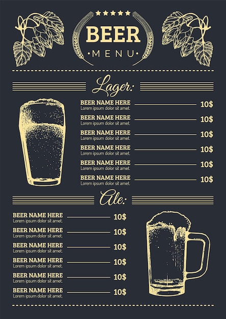 Vector beer menu design template vector bar pub or restaurant card with hand sketched lager ale illustrations brewery elements icons glass mug bottle herbs and plants