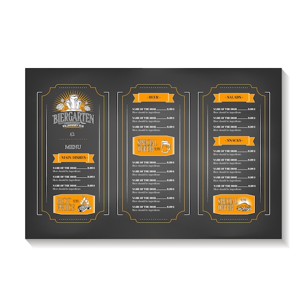 Vector beer menu restaurant, template with dishes, snacks