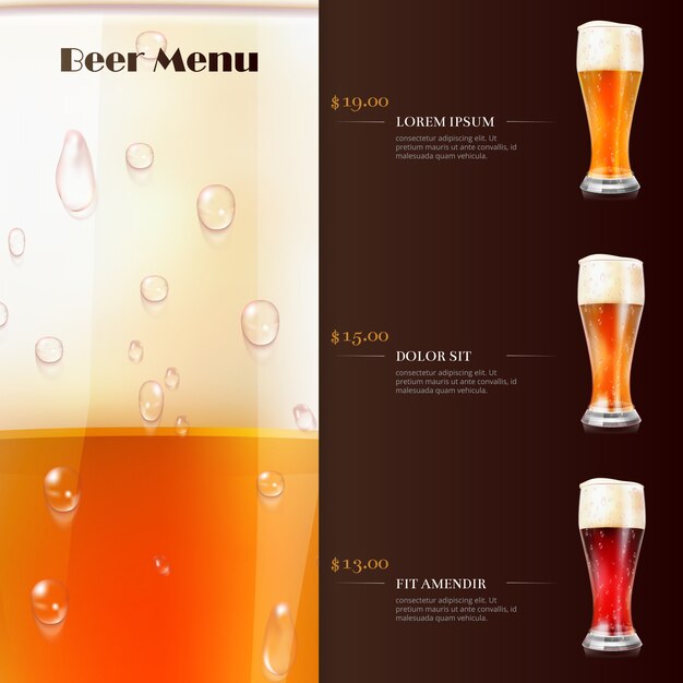 Beer menu template with realistic glasses of beer