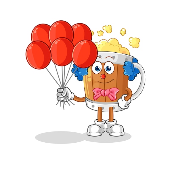 Vettore clown boccale di birra con palloncini vettore personaggio dei cartoni animati