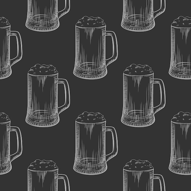 Beer mug seamless pattern. full beer glasses with foam.