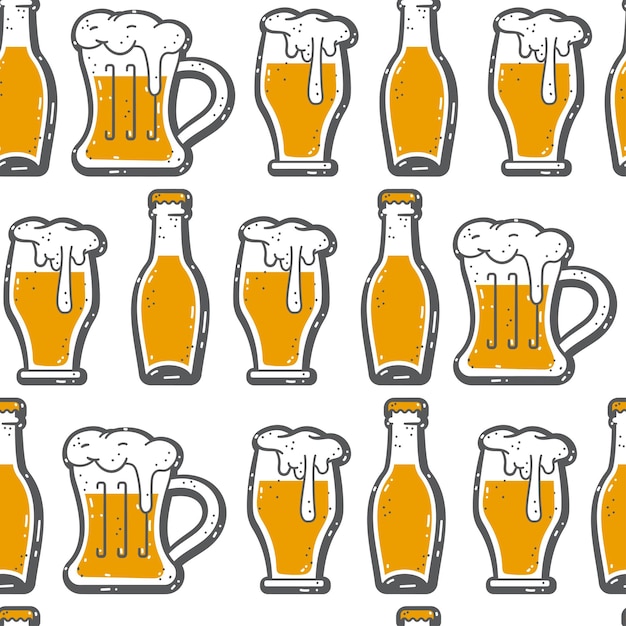 Beer mugs and bottles vector seamless pattern on a white background