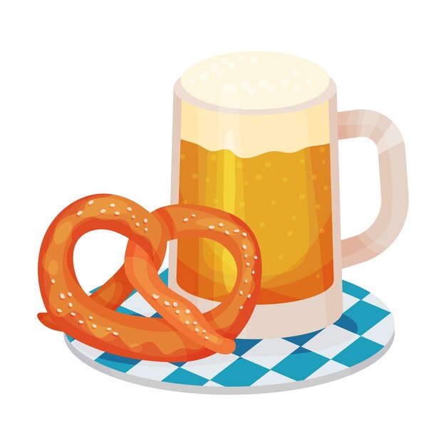 Vector beer poured in glass mug rested on tray with pretzel as traditional drink for oktoberfest celebration vector illustration