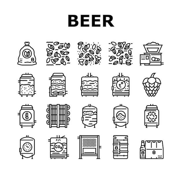 Beer production brewery factory icons set vector