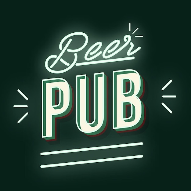 Vector beer pub 3d neon light vector lettering. retro bold font, typeface. vintage stylized text. old school style letters. 90s, 80s poster, banner, signboard typography design. dark green color background