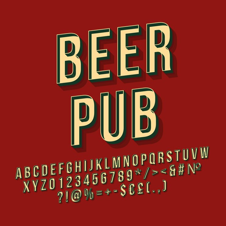Vector 맥주 펍 3d 벡터 레터링 복고풍 굵은 글꼴 팝 아트 양식된 텍스트 올드 스쿨 스타일 문자 숫자 기호 팩 빈티지 포스터 배너 간판 인쇄 술 디자인 어두운 붉은 색 배경