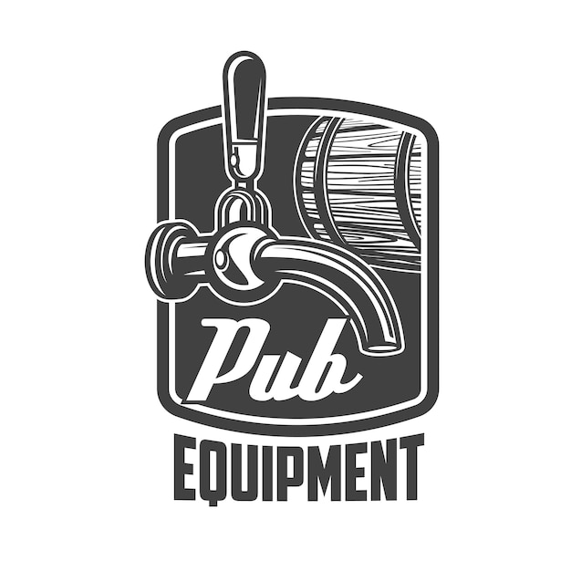 Beer pub equipment icon. Craft beer bar, cafe or restaurant keg tapping equipment shop or store monochrome vector emblem, retro icon with wooden barrel or keg, beer tap faucet