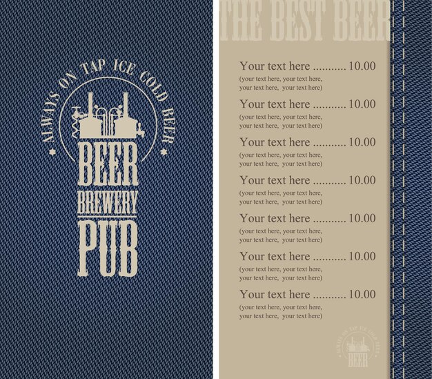 Vector beer pub menu on denim texture