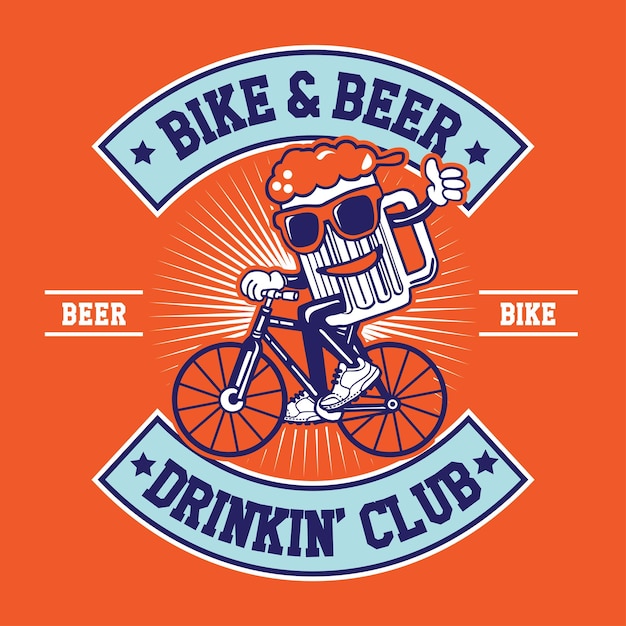 Beer riding bike mascot character design handtekening vector illustratie in patch design bike a