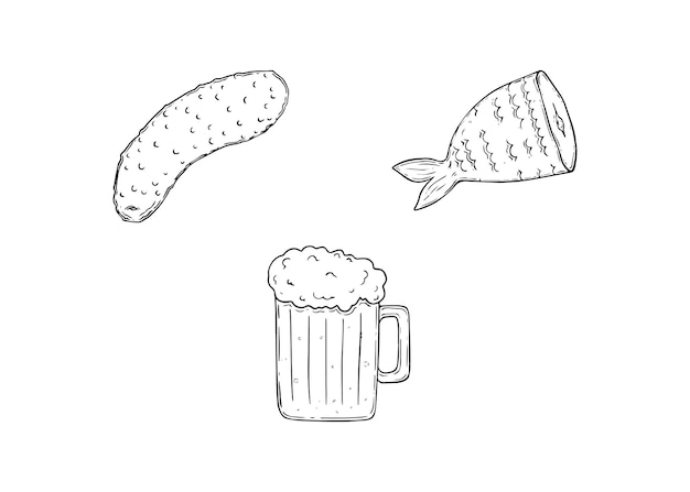 Beer set pickled cucumber part of dried fish with tail glass of beer with foam doodle linear cartoon
