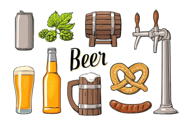 Beer set with tap, class, can, bottle, barrel, sausage, pretzel and hop. Vintage vector flat illustration for web, poster. Isolated on white background.