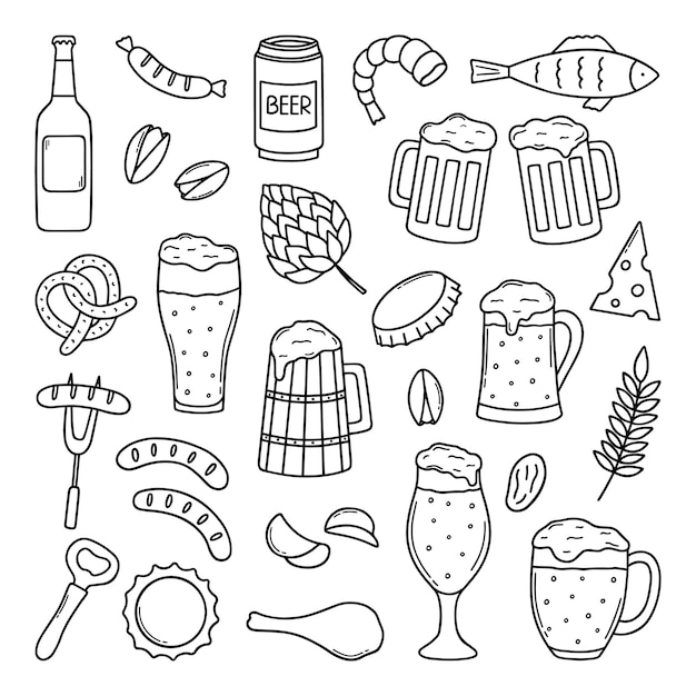 Set di doodle per birra e snack fabbrica di birra in stile schizzo