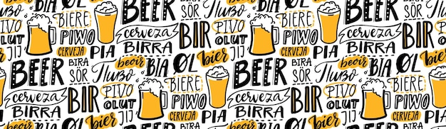 Modello di testo della birra. birra di parola in diverse lingue. birra italiana, cerveza spagnola, pivo macedone, birra tedesca. texture senza cuciture scritte a mano per pub, menu e tovagliette.