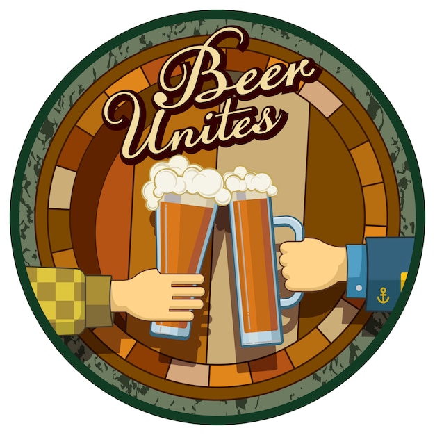 Vector beer theme picture round label isolated on a white background. beer unites! template for menu, label, coster or poster for bar, pub