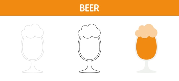 Vector beer tracing and coloring worksheet for kids