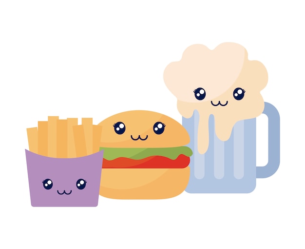 フライドポテトとハンバーガーのかわいいキャラクターとビール