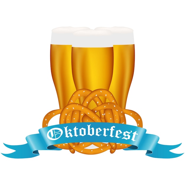 Пиво с кренделем для фестиваля Oktoberfest на белом фоне с лентой