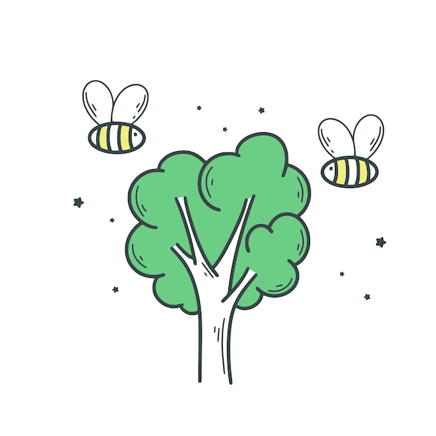 Bees circling on tree simple hand drawn illustration Cute bees will collect nectar Summer story