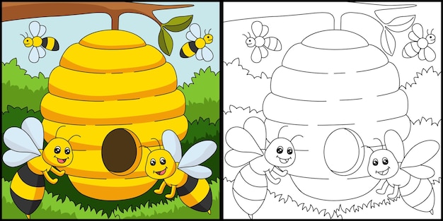 Bees coloring page colored illustration