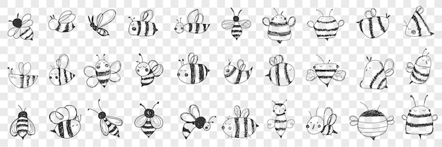 Vector bees doodle set.