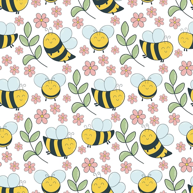 Bees and flowers spring summer seamless pattern cute bees on flowering meadow background baby