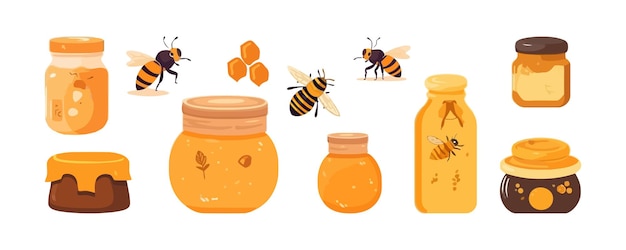 Bees and honey set flat cartoon isolated on white background Vector isolated illustration