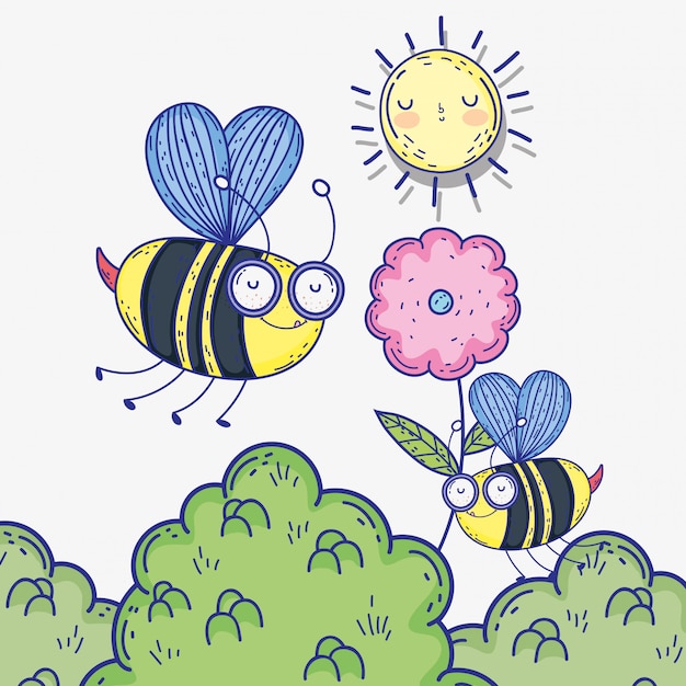 Vector bees insects animals with flower and sun