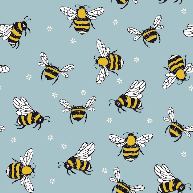 Bees insects vector seamless pattern