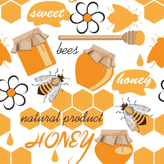 Bees and jars of honey seamless pattern