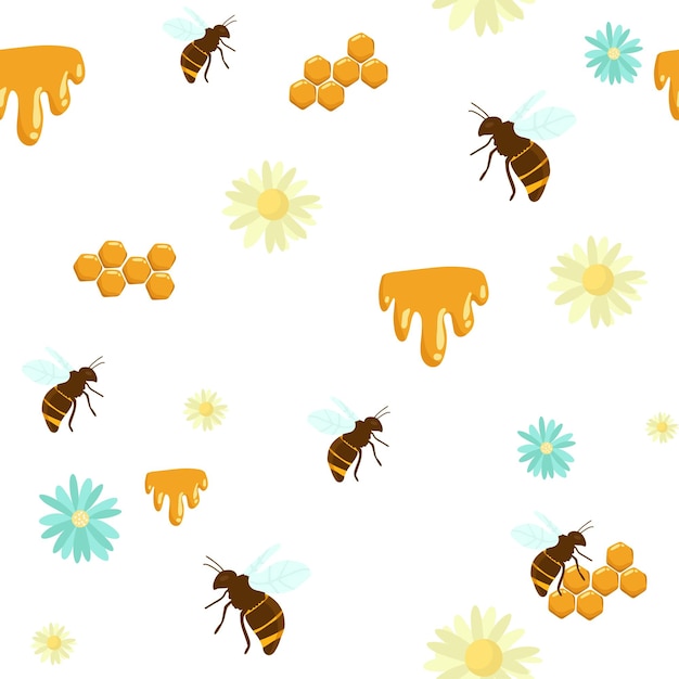 Vector bees on white with flower honey comb seamless pattern