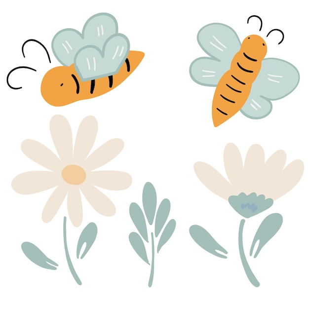 Vector bees with camomile flat design set on white background