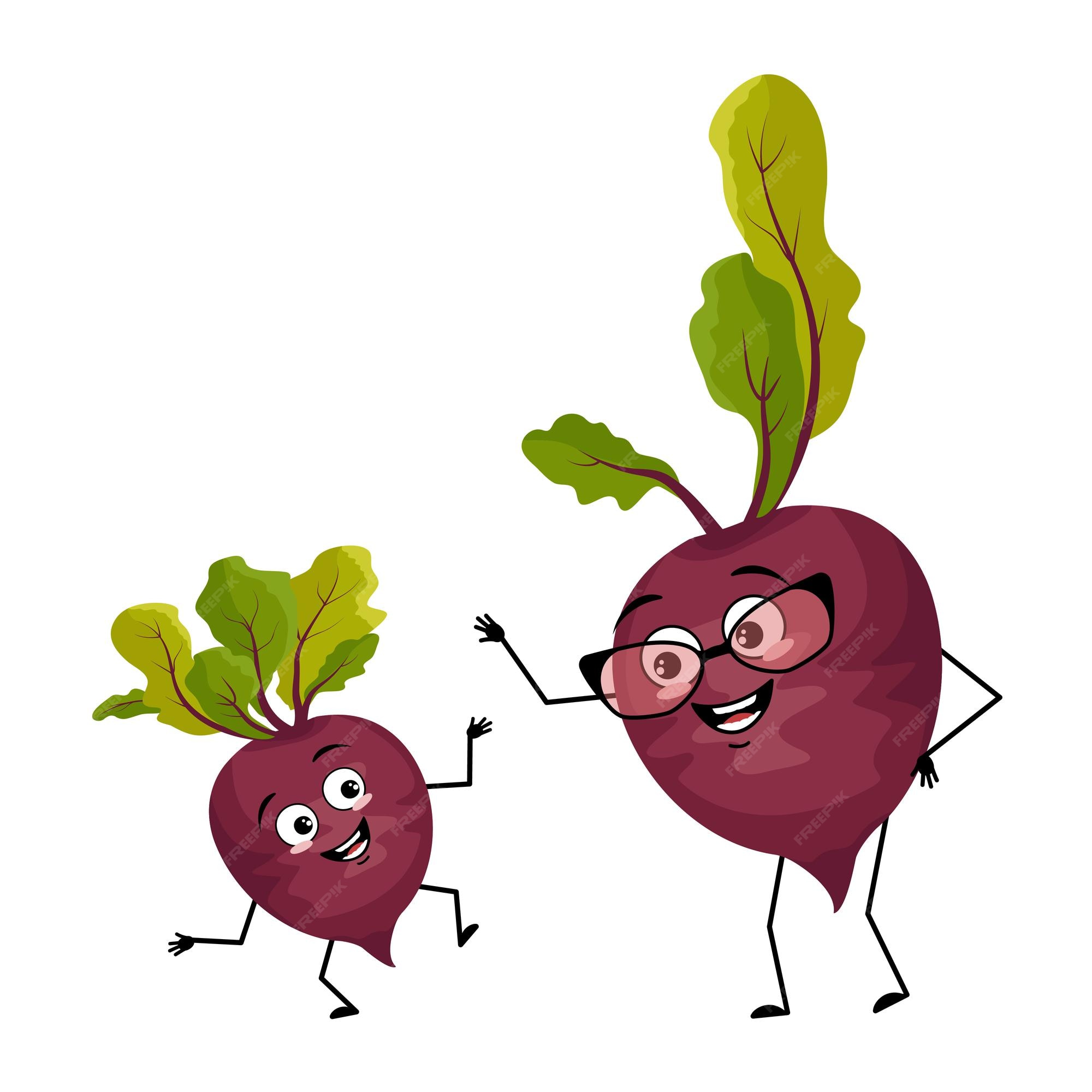 Premium Vector | Beet character with happy emotion, joyful face, smile  eyes, arms and legs. person with expression, vegetable emoticon.  grandmother with glasses and grandson dancing. vector flat illustration
