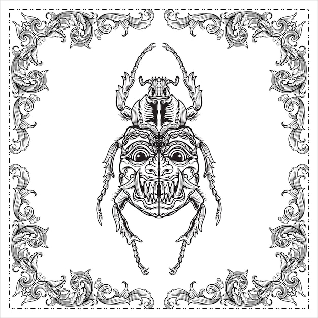 Scarabeo che incide uno scarabeo con una maschera facciale sulle ali disegnate a mano illustrazione design