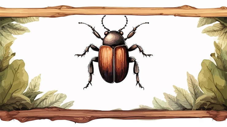 Vector beetle in wooden frame vector illustration for entomology collection