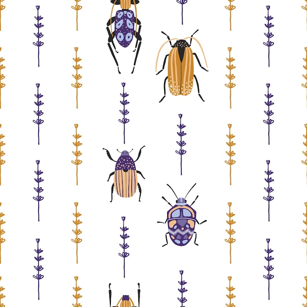 Beetles and floral elements seamless pattern