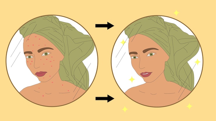 Vector before after. acne skin and clear skin. acne treatment. young woman with a towel on her head. spa