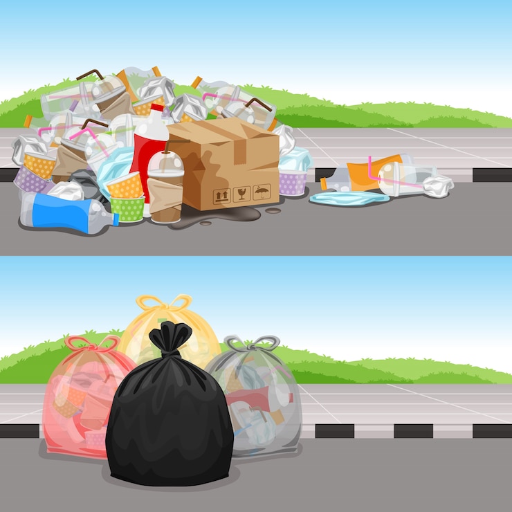 Vector before and after in concept cleaning waste separation, garbage bags plastic waste 