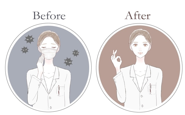 Vector before and after of a female doctor who has a cold and flu. female doctor wearing nonwoven mask.