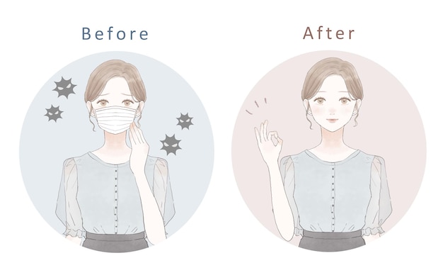 Before and after of a woman who has a cold and flu. Woman wearing nonwoven mask. On white background.