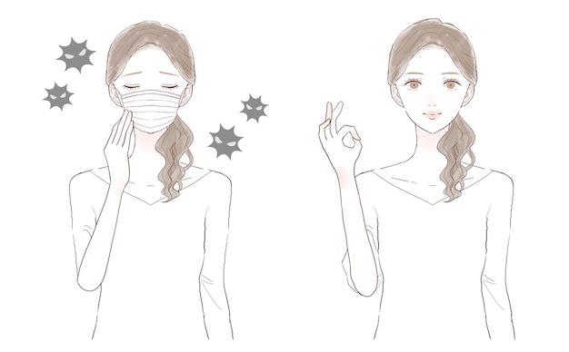 Before and after of a woman who has a cold and flu. woman wearing nonwoven mask. on white background.