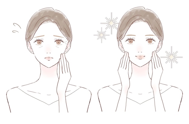 Before and after of a woman who suffers from fine weather. On white background.