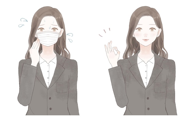 Vector before and after of women who suffer from steaming due to wearing a mask.