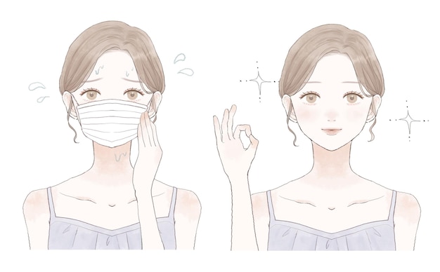 Before and after of women who suffer from steaming with masks. On white background.